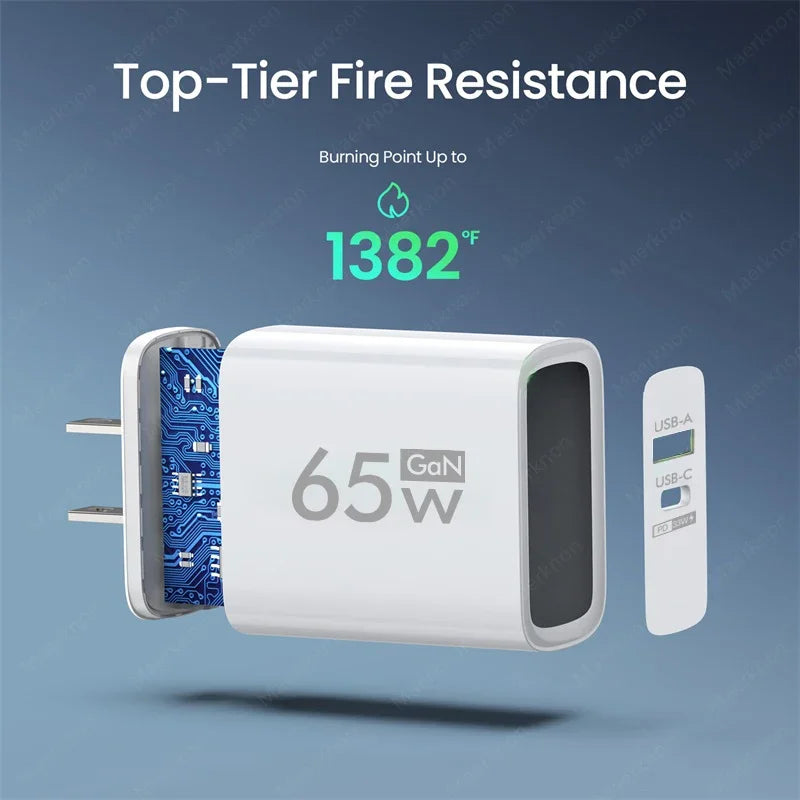 65W GaN USB C Charger Dual Port PD3.0 QC3.0 Fast Wall Adapte