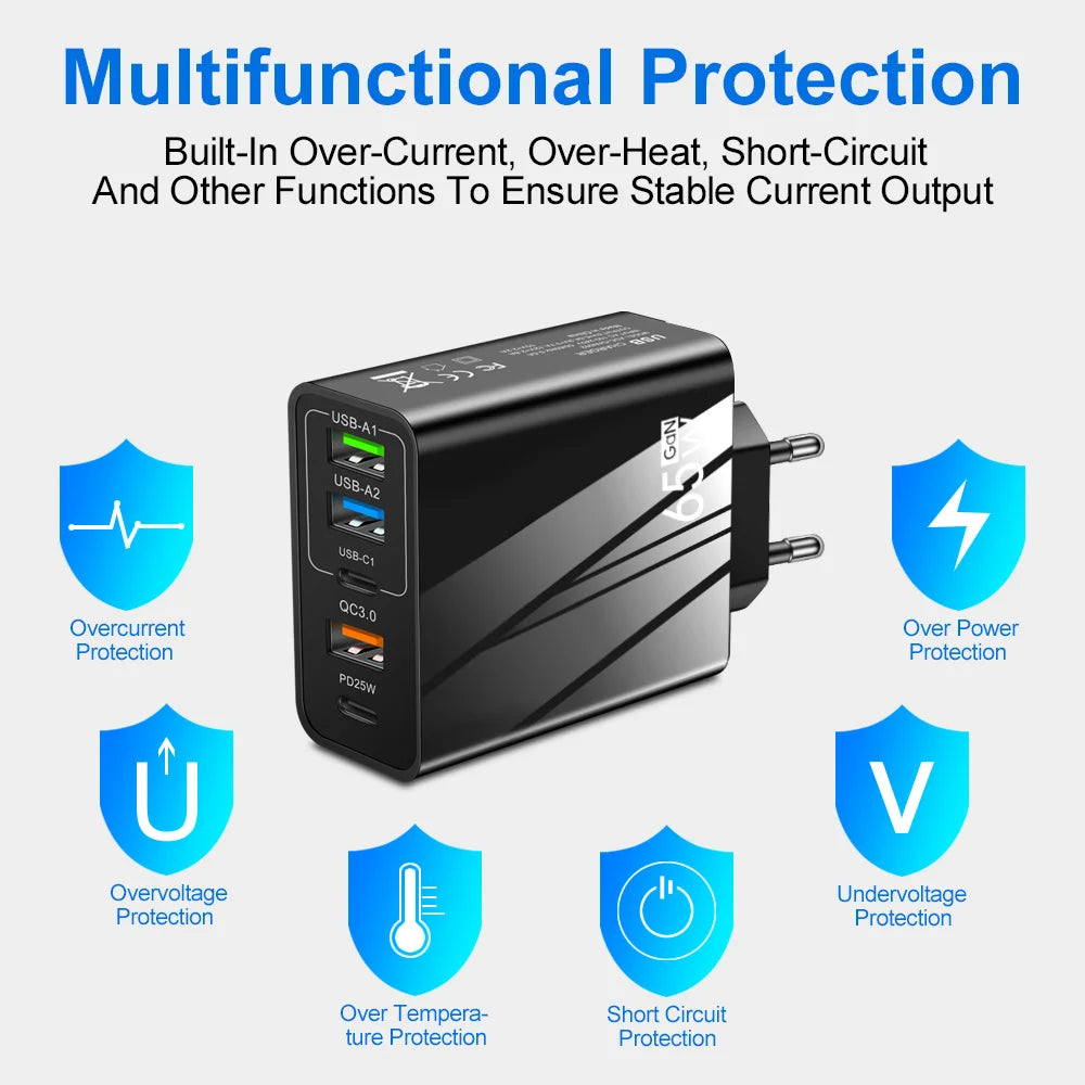 65W GaN USB Charger PD Type C Fast Charging Phone Charger Po