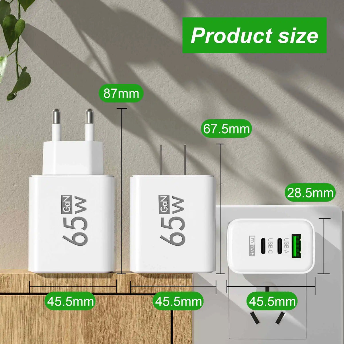 65W GaN USB C PD Fast Charger QC 3.0 Wall Adapter for iPhone