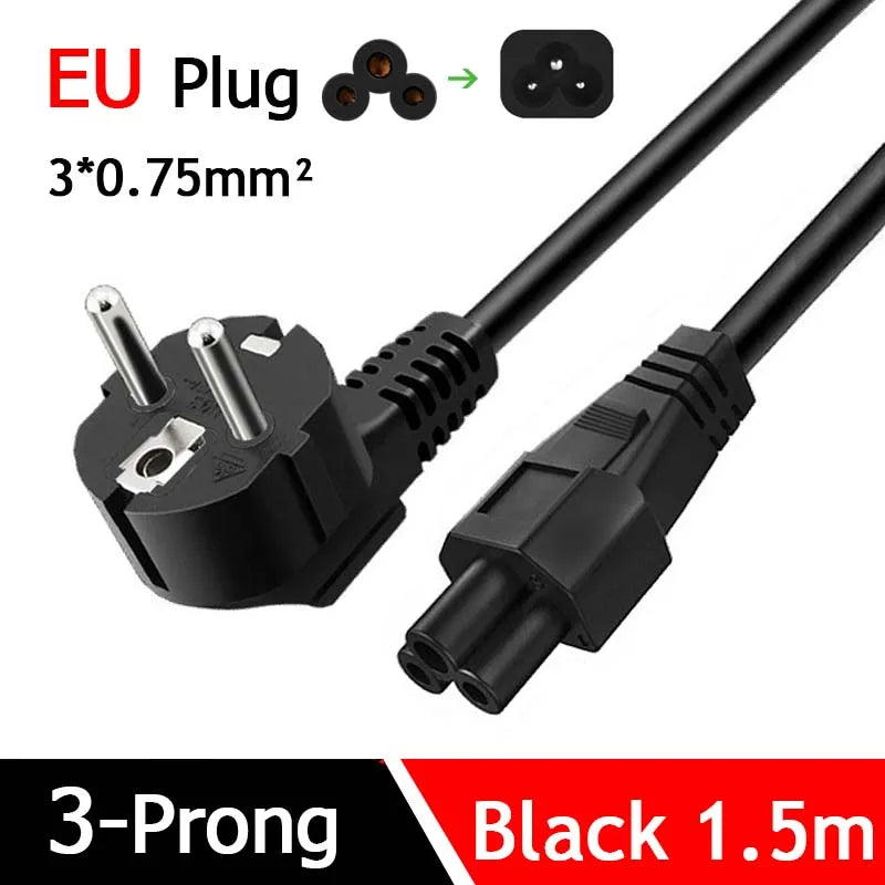 1.5m 3 Prong AC Power Cable EU US AU UK To C5 3 Pin Plug Con