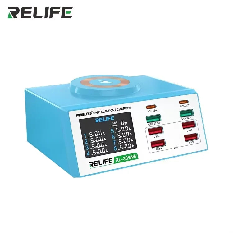 RELIFE RL-309AW Dual QC3.0 USB Charger with LCD Display 8 Ports For Mobile Phones Tablets Laptops Smart Fast Charging Tools