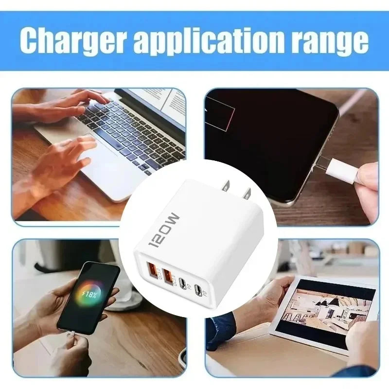 4 Port 120W USB C Fast Charger Station PD QC3.0 Wall Adapter