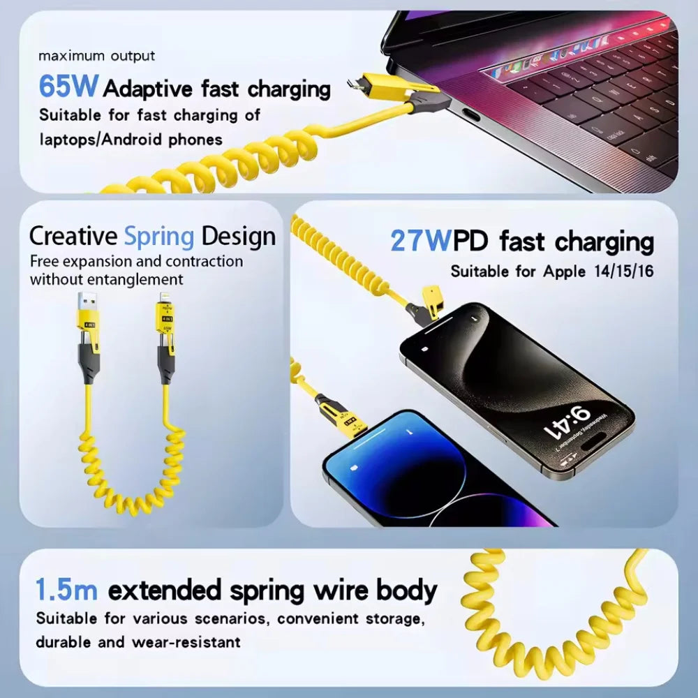65W Spring 4 in 1 Data Cable 6A Quick Charger Wire Spring US