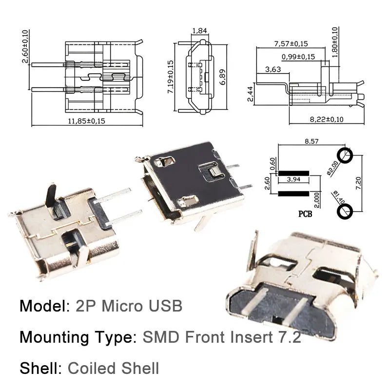 10PCS Micro USB Android Female Charging Socket Flat Edge Crimped Type 5Pin 4 Mounting Pins SMD & DIP Tail Connector