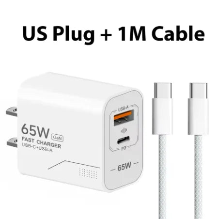65W USB C GaN Fast Wall Charger PD 3.0 Quick Charge Adapter EU US KR Plug for iPhone 15 Xiaomi Huawei Samsung Smartphone