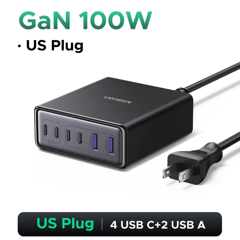 UGREEN 100W 65W GaN Charger 6 in 1 Desktop Laptop Fast Charger For iPhone 17 16 15 14 Pro Max Macbook Air iPad Samsung Xiaomi