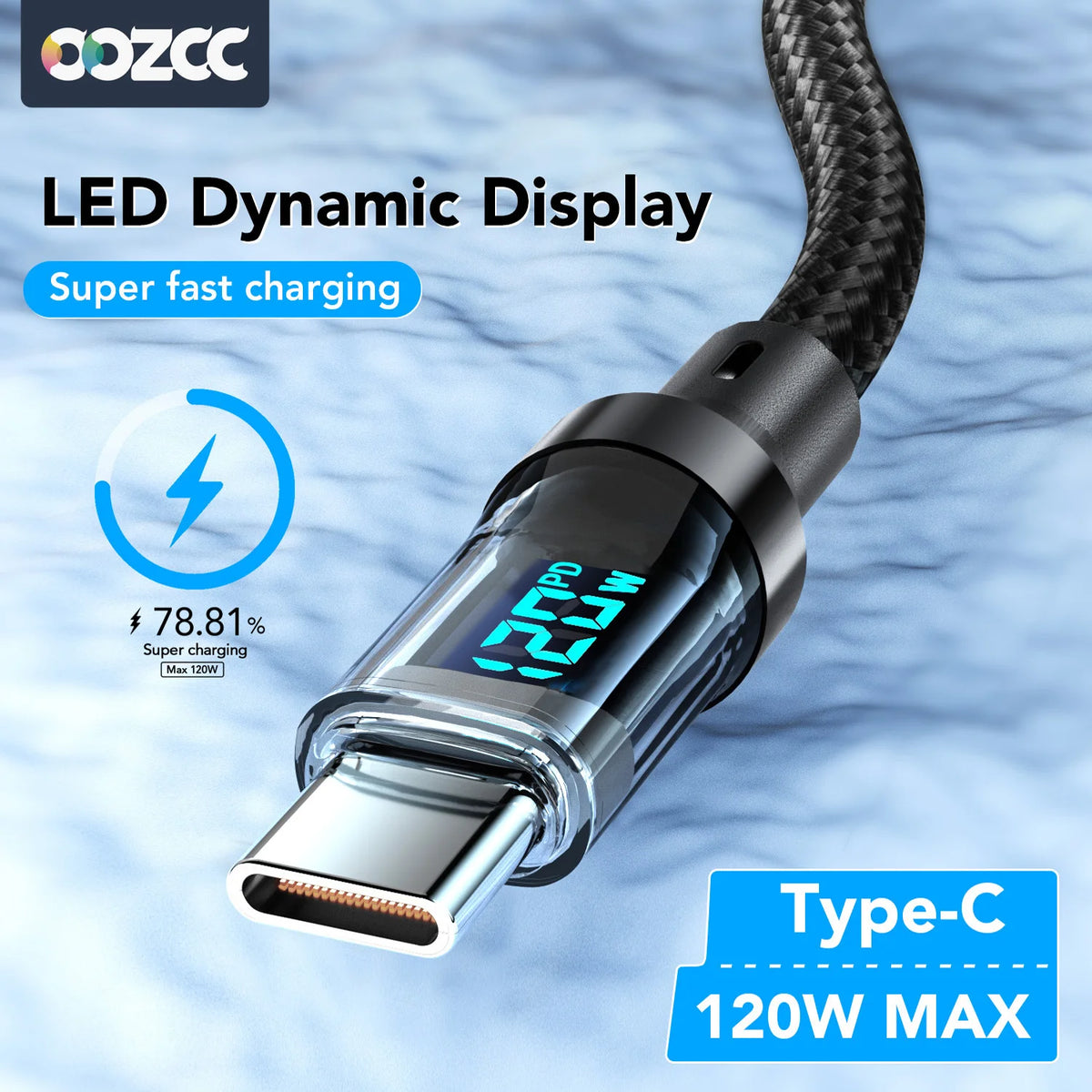Oozcc 120W MAX 6A Fast Charging LCD Dynamic Display Cable US