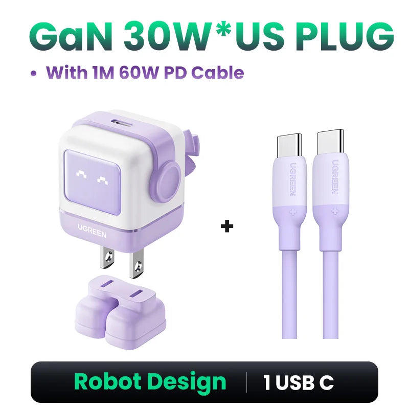 US Plug UGREEN 65W 30W GaN Charger Robot Design PD3.0 Fast Charger QC4.0 3.0 PPS for iPhone 18 17 16 Pro Macbook Laptop Table