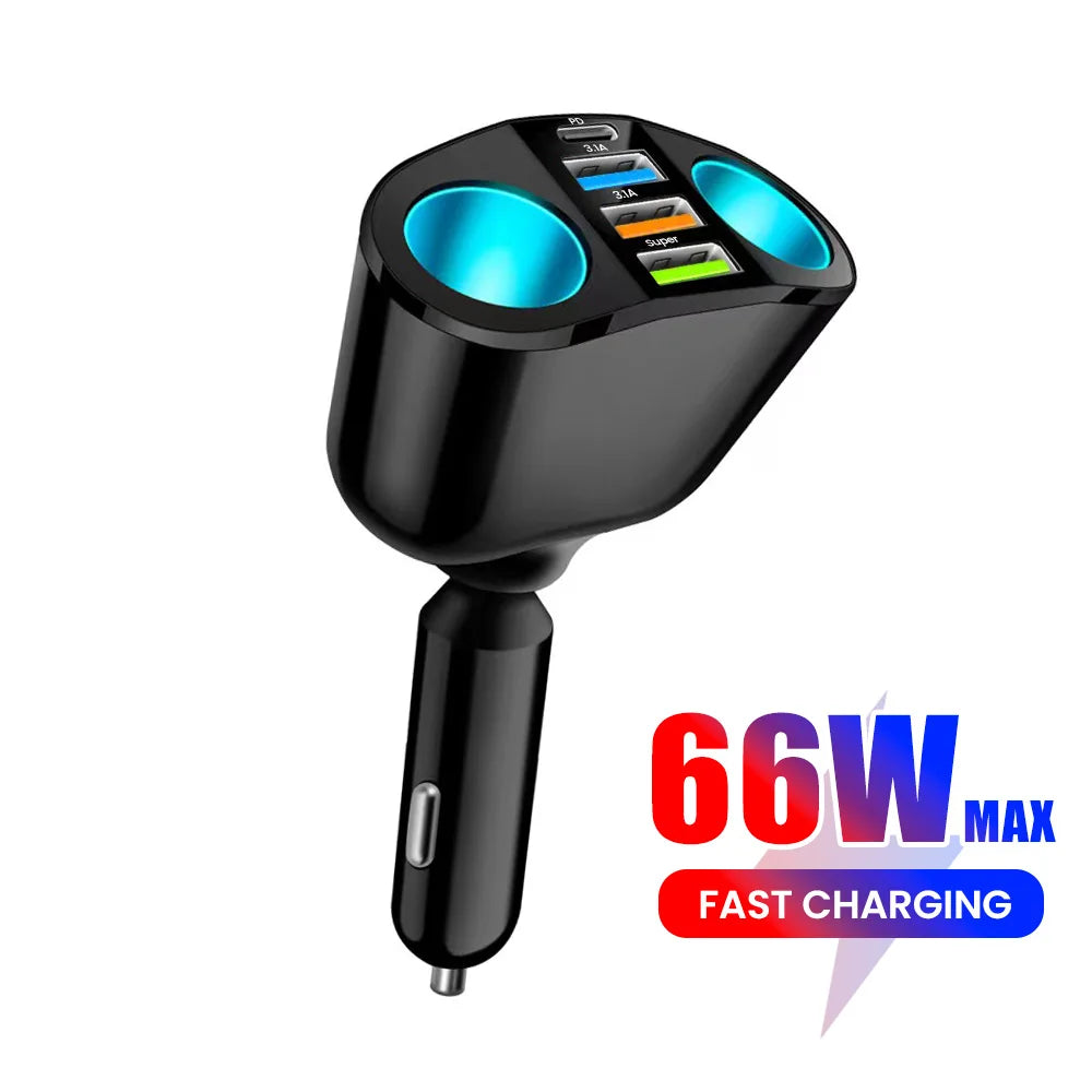 66W Fast Charging Car Charger QC3.0 Cigarette Lighter Multif