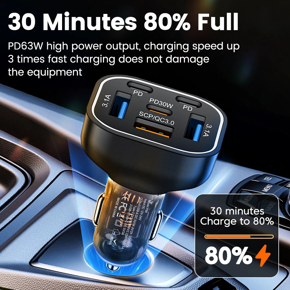Olaf 3A+3C 63W Car USB Charger 6 Ports Fast Charging Type C 