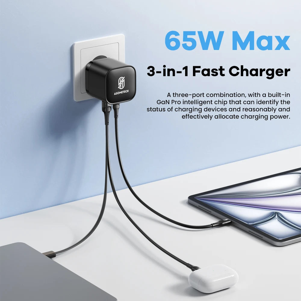65W GaN USB Charger with Type C Retractable Cable 3 Port QC4