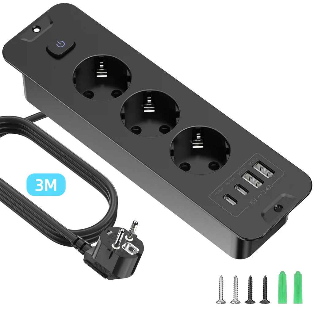 EU Plug Desktop Built-in Power Board 2/3 AC Power Socket 2 USB2 Type-C Charging Adapter Port 2M Extension Cable White Black
