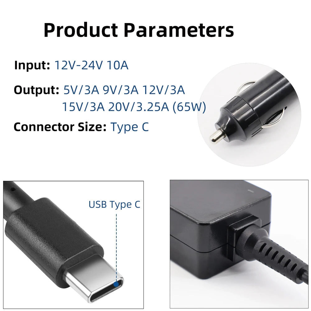 P D65W 20V3.25A Type C Car Charger Universal 12V-24V USB C L