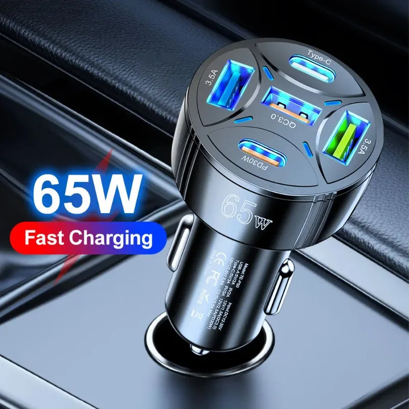5 Port 65W USB Car Chargers Type C Car Charger Fast Charging