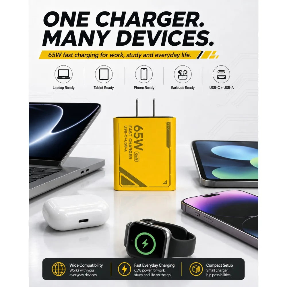 65W GAN Pattern Multi Port Travel Fast Charger Black Yellow 