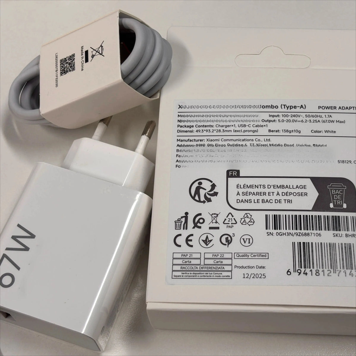 67W Xiaomi Turbo EU US Charger With 1M 6A Usb Type C Cable F