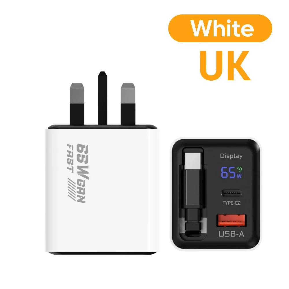 65W GaN USB Phone Charger With Retractable Type C Cable Super Fast Charge Charger Adapter For iPhone 17 Samsung Wall cargadores