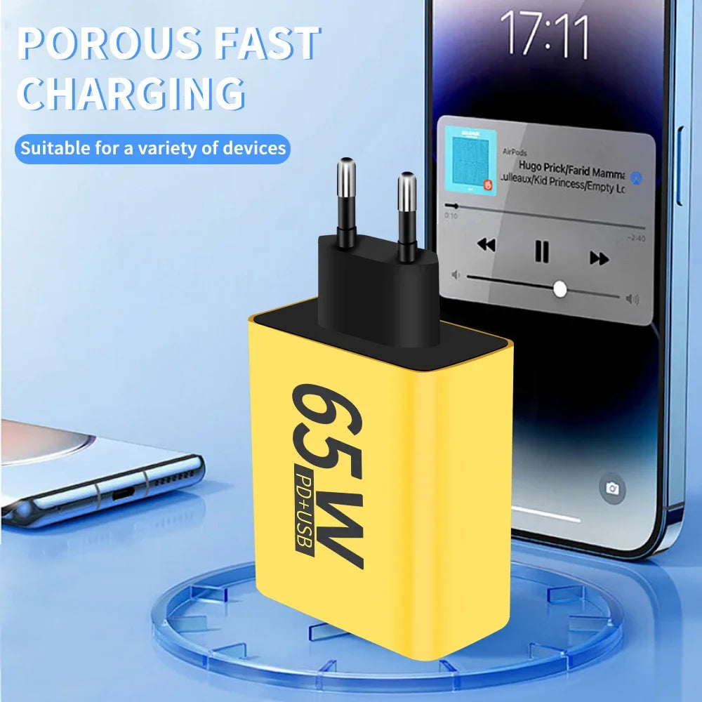 65W Multi-Port Fast Charging Adapter Dual USB-A Type C PD Wa