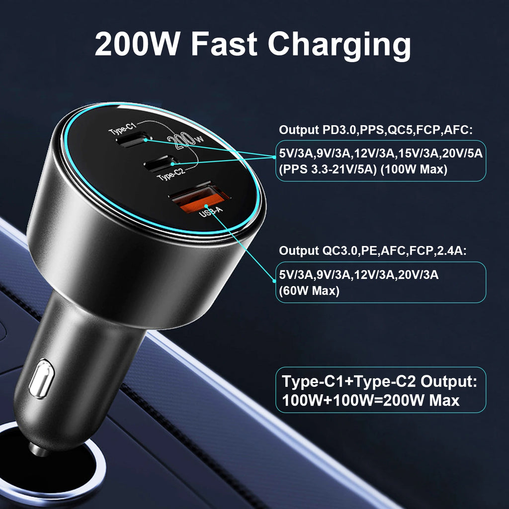 UHOMEBUY 200W Car Charger USB Type C Fast Charger 100W 65W 4