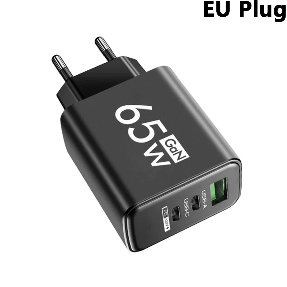 65W GaN USB C PD Fast Charger QC 3.0 Wall Adapter for iPhone 17 16 Pro Max Samsung Xiaomi Huawei EU US KR Plug Quick Charge 3.0