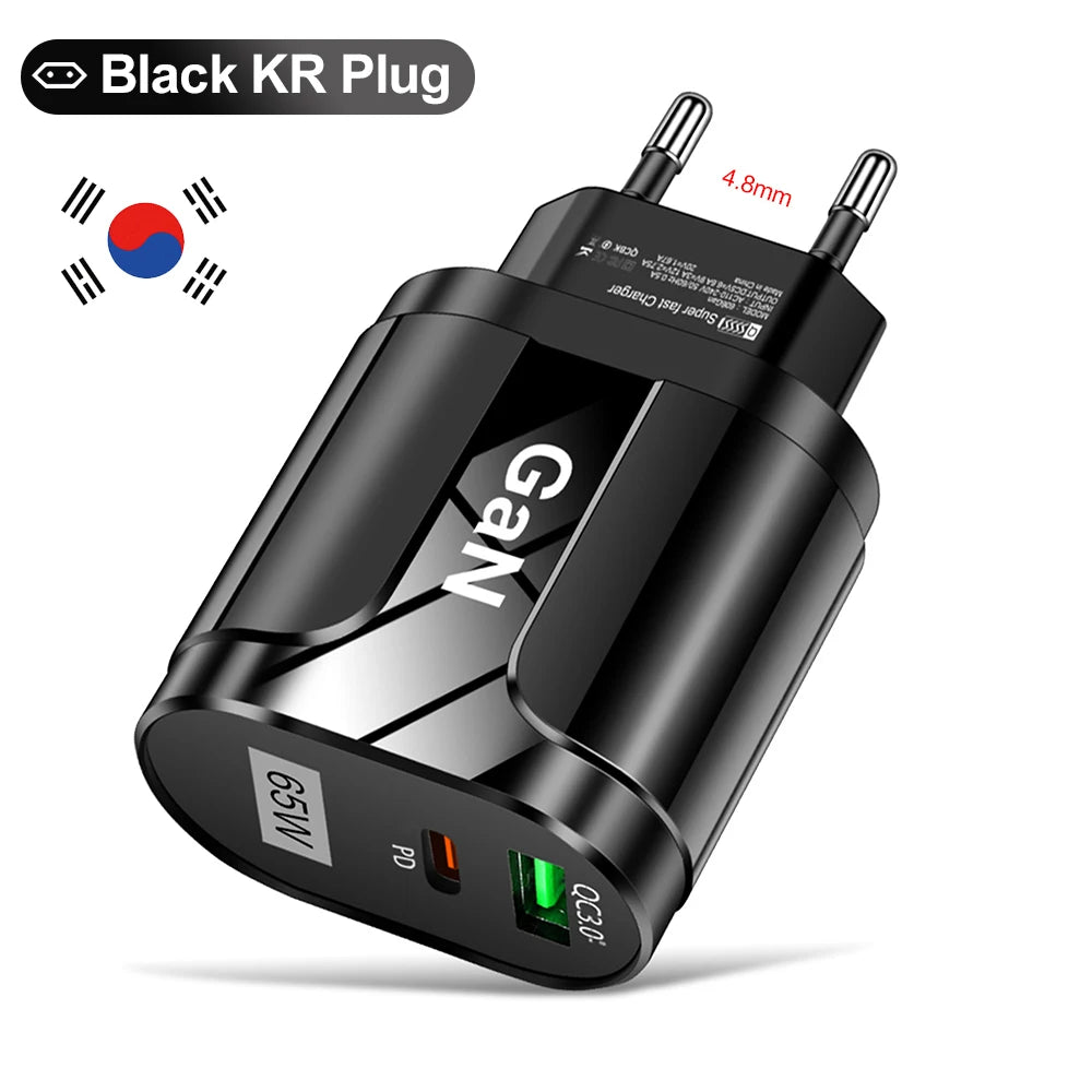 65W GaN USB C Charger Quick Charge Korea EU US Plug PD USB-C TypeC Fast USB Charger For iPhone 14 Xiaomi Samsung Macbook