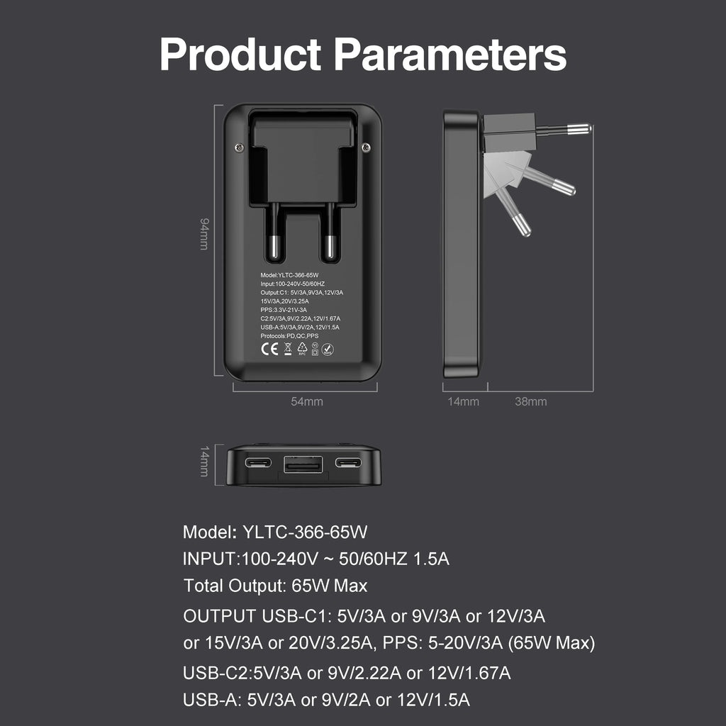 New 65W Power Adapter Foldable Slim 65W Charger Multi-Port C