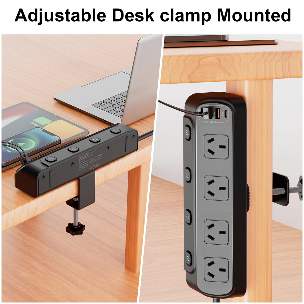 AU Plug Desk Clamp power board with 4 AC outlets 2 USB A and