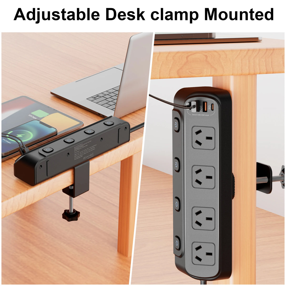 AU Plug Desk Clamp power board with 4 AC outlets 2 USB A and