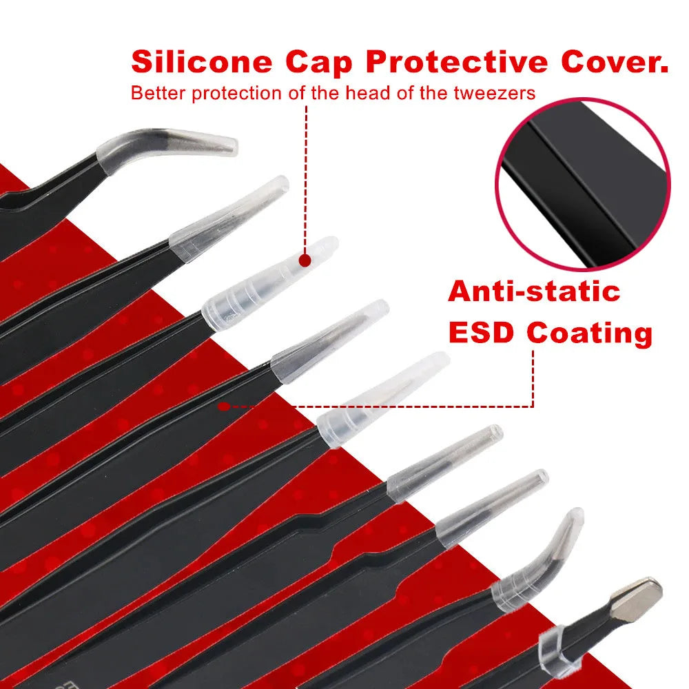 10Pcs Tweezers Set With Bag Industrial Electronic ESD Stainl