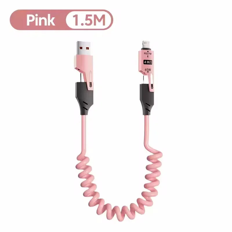 65W Spring 4 in 1 Data Cable 6A Quick Charger Wire Spring USB Cable USB Type C Spring Telescopic for iPhone 15 16 14 13 12