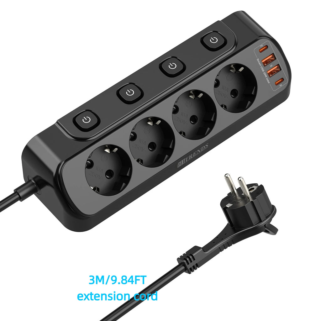 Eu Plug Multi-Function Power Board 2 USB-A and 2 USB-C Fast Charging Power Adapters 2 m Extension Cord Independent Switch White