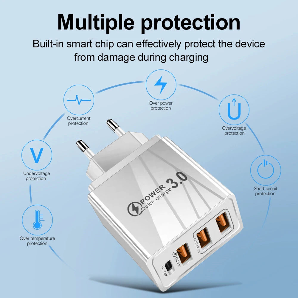 48W 3USB Fast Charger Type C QC 3.0 Portable Wall Charger PD