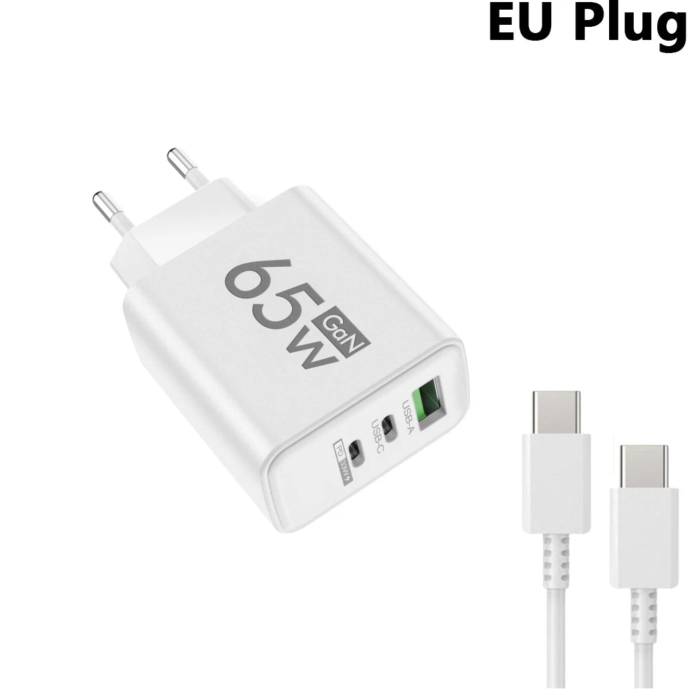 65W GaN USB C PD Fast Charger QC 3.0 Wall Adapter for iPhone 17 16 Pro Max Samsung Xiaomi Huawei EU US KR Plug Quick Charge 3.0