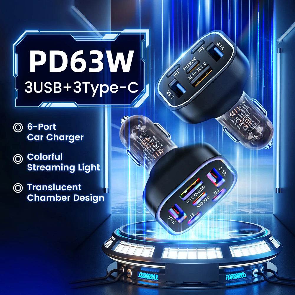 Olaf 3A+3C 63W Car USB Charger 6 Ports Fast Charging Type C 