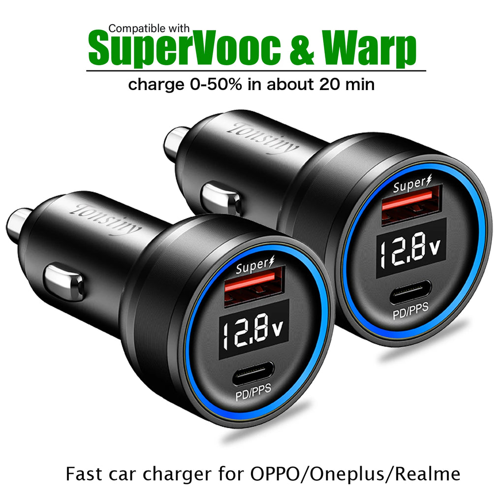 2 port Car Charger for OPPO Find X5/Reno8 80W/65W Warp car adapter for OnePlus11 LED Cigarette Lighter Adapter for Realme