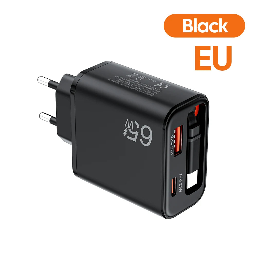 65W GaN Super Fast Charger Type C EU US UK Plug Retractable USB C Cable For iPhone15 16 17 Pro Xiaomi Samsung POCO Huawei Realme