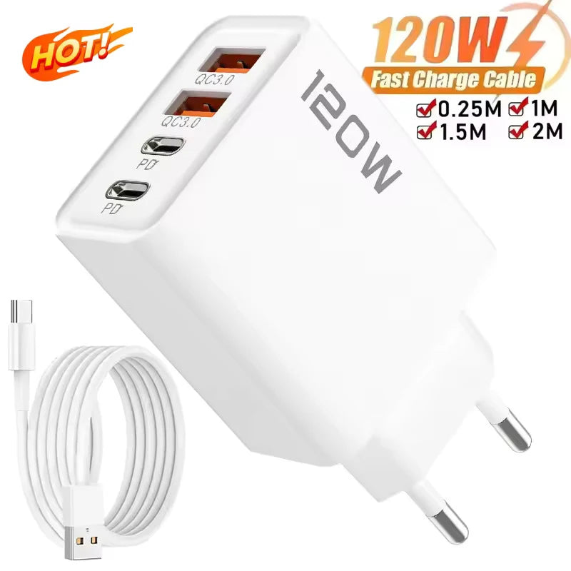 4 Port 120W USB C Fast Charger Station PD QC3.0 Wall Adapter