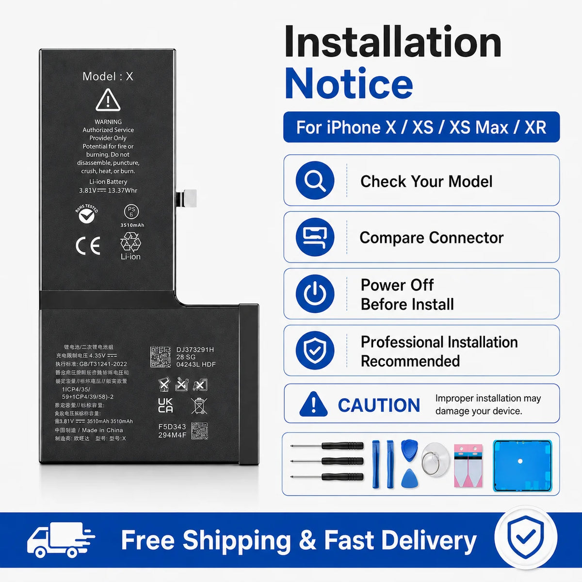 For iPhone X XS XR XS Max Replacement Battery Rechargeable L
