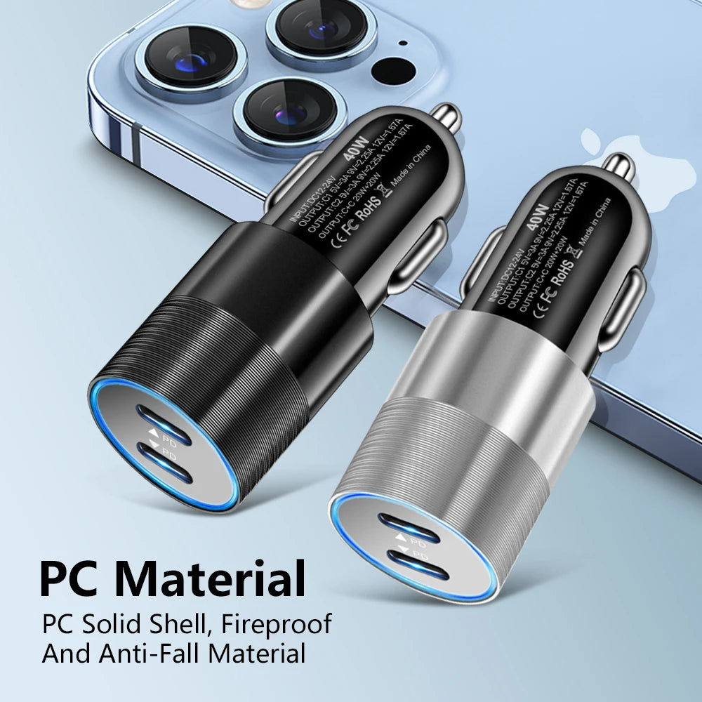 PD Car Charger Adapter 40W Fast Charging Type C USB PD Quick