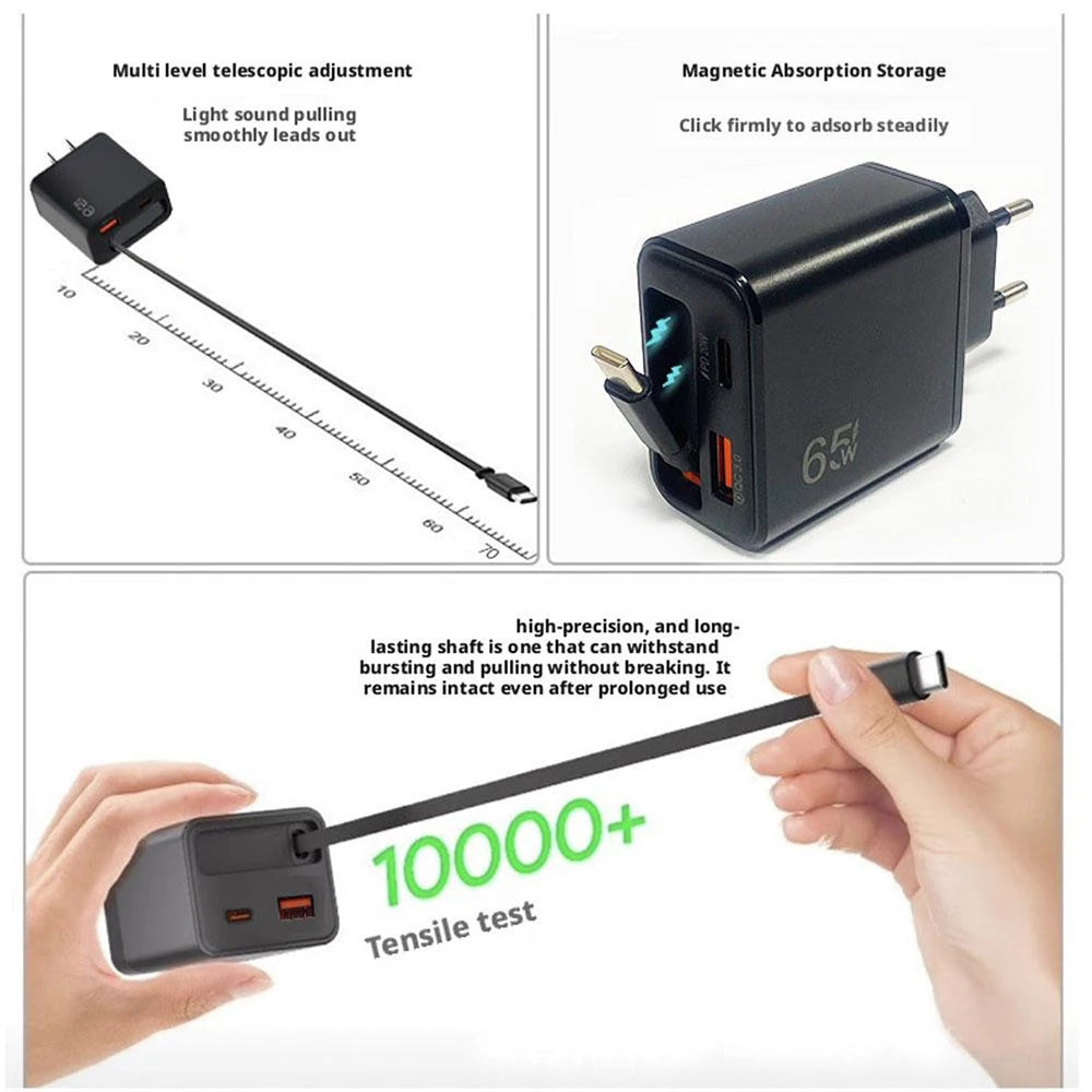 65W Super Fast Charge USB Phone Charger With Retractable Sup