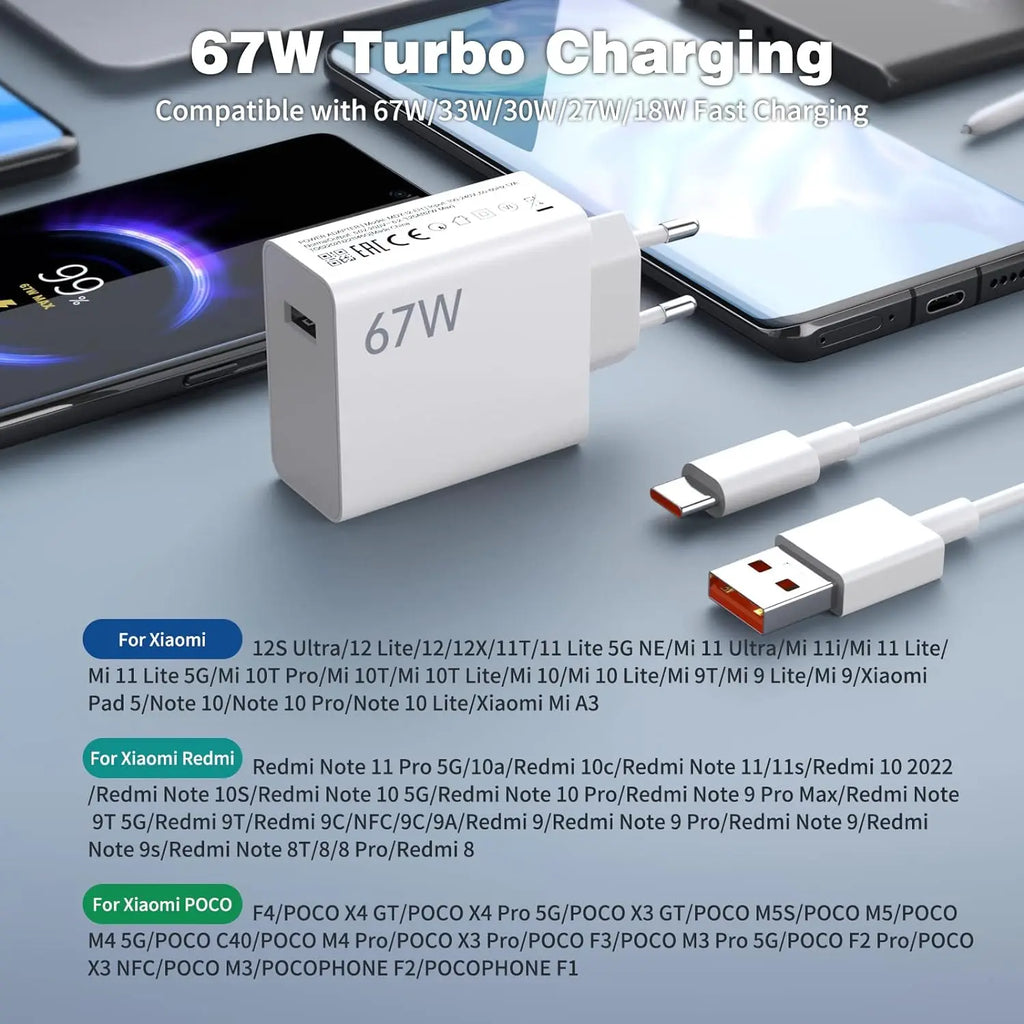 67W 6A Turbo Fast USB Charger For Xiaomi 12 13 14 15 17 Pro 
