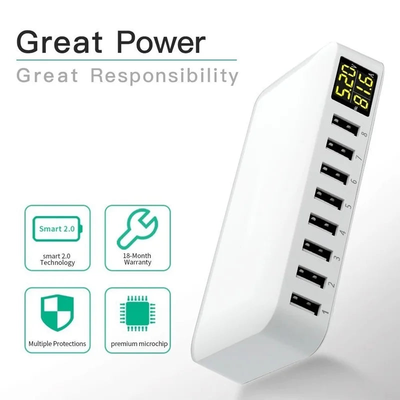 Multi 8 Port USB Fast Charger Desktop Phone Carregador LCD D