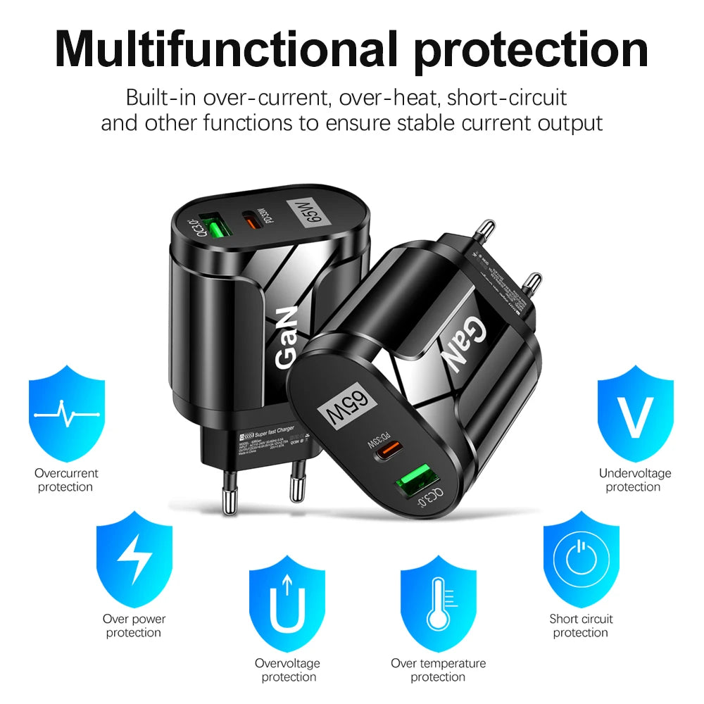 65W GaN USB C Charger Quick Charge Korea EU US Plug PD USB-C