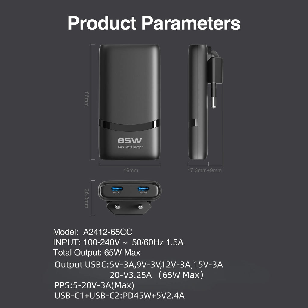 65W GaN Ultra-Slim Foldable Type-C Charger Supports USB-C Fa