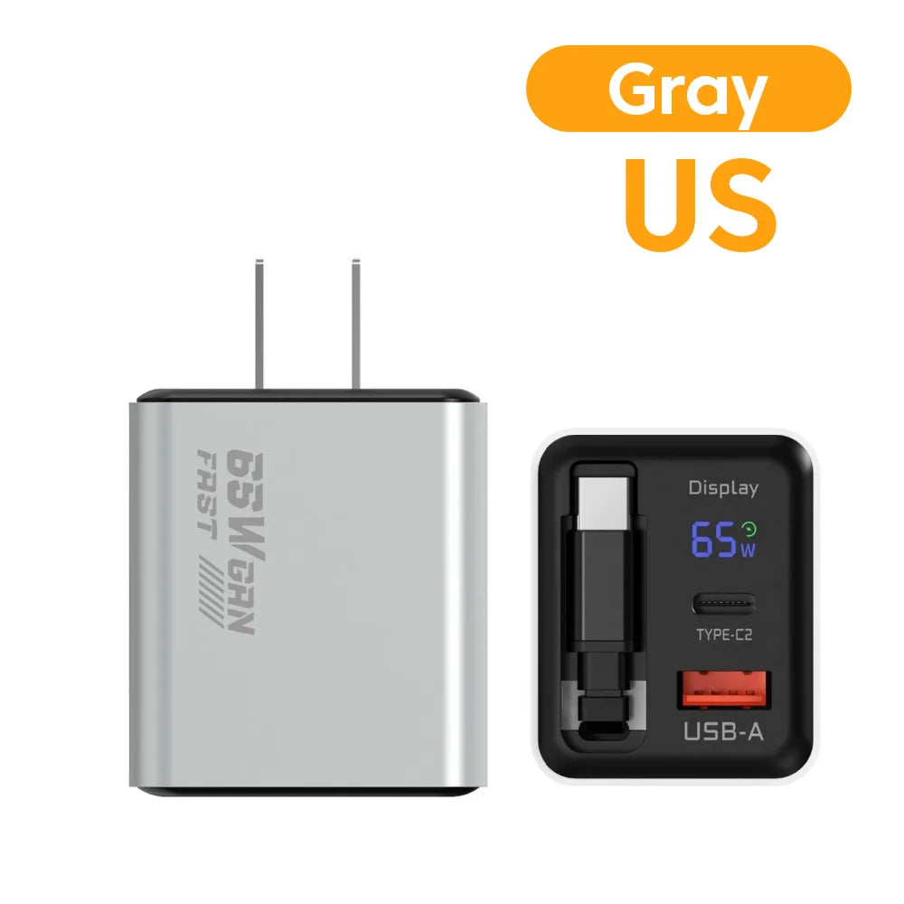 65W GaN USB Phone Charger With Retractable Type C Cable Super Fast Charge Charger Adapter For iPhone 17 Samsung Wall cargadores