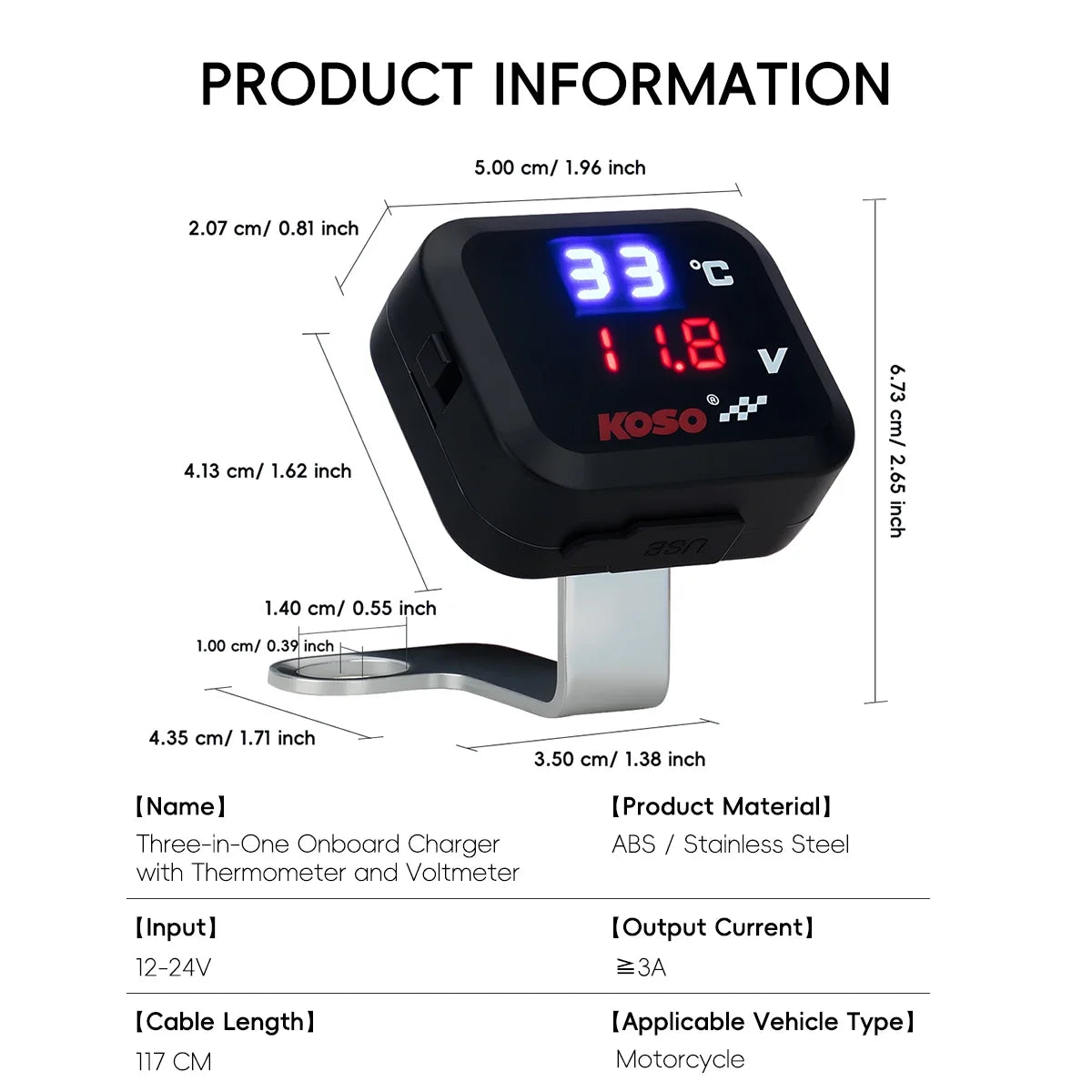 3in1 Mini Water Temperature Gauge Voltmeter Motorcycle Phone