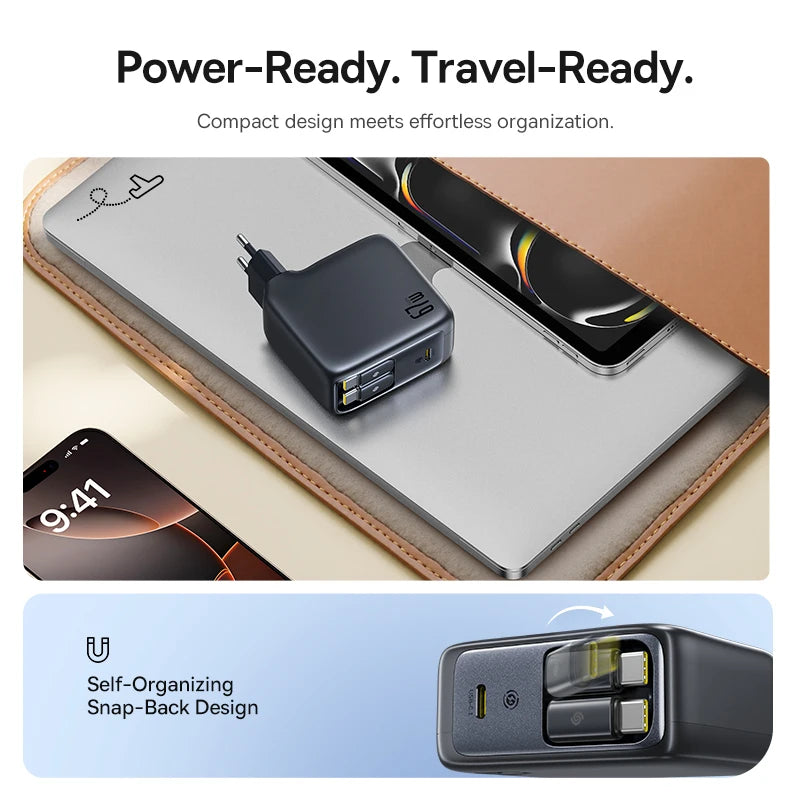 Baseus 67W GaN Charger With Dual Retractable Cable Fast Char