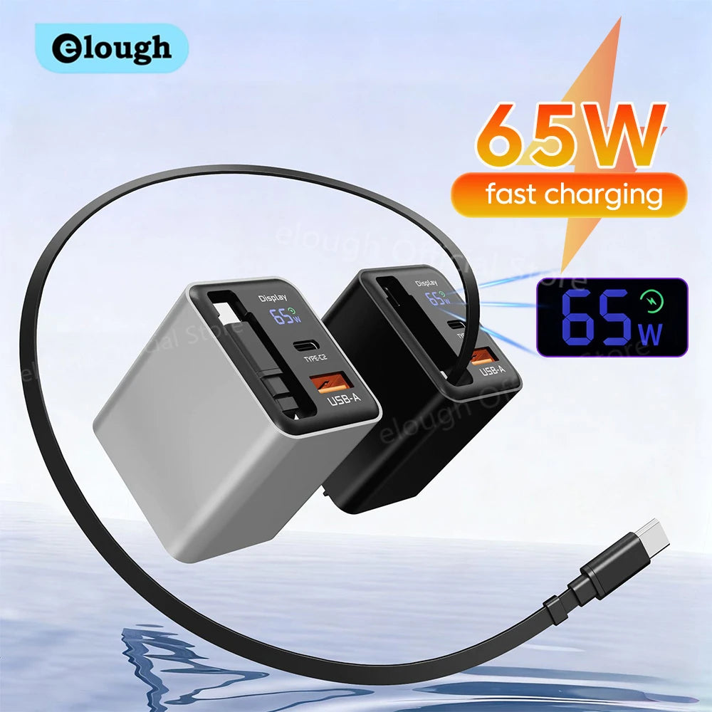 65W GaN USB Phone Charger With Retractable Type C Cable Supe