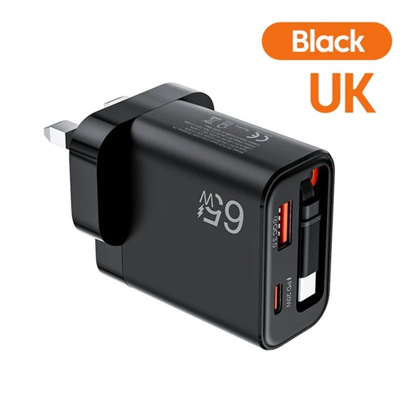New 65W Super Fast Charge Type C USB Phone Charger With Retractable USB C Cable For Iphone 17 16 15 Samsung POCO Xiaomi