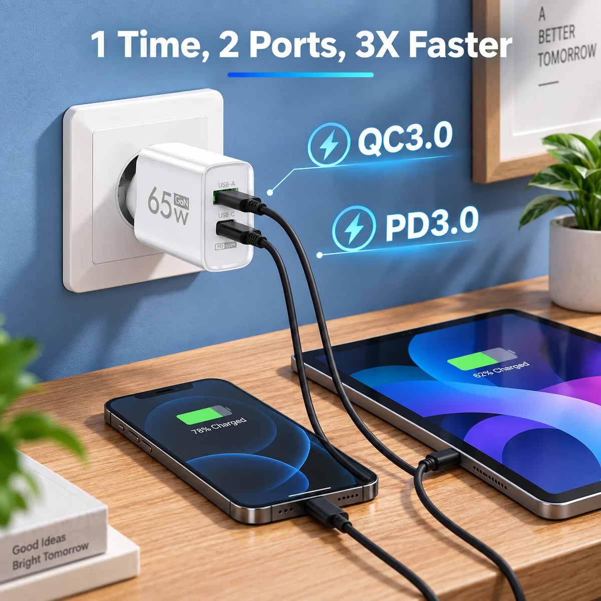 65W GaN USB C Fast Charger Type C Quick Charge Wall Adapter 